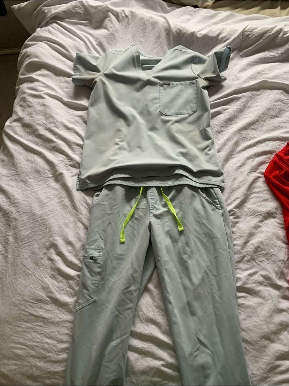 Figs Women's Light Blue Scrubs with Neon Drawstrings